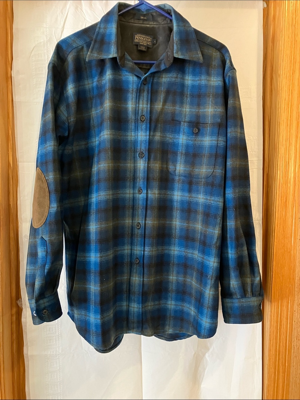 Pendleton Trail Men’s L Blue/Tan/Beige Long Sleeve Button Down 100% Wool Shirt